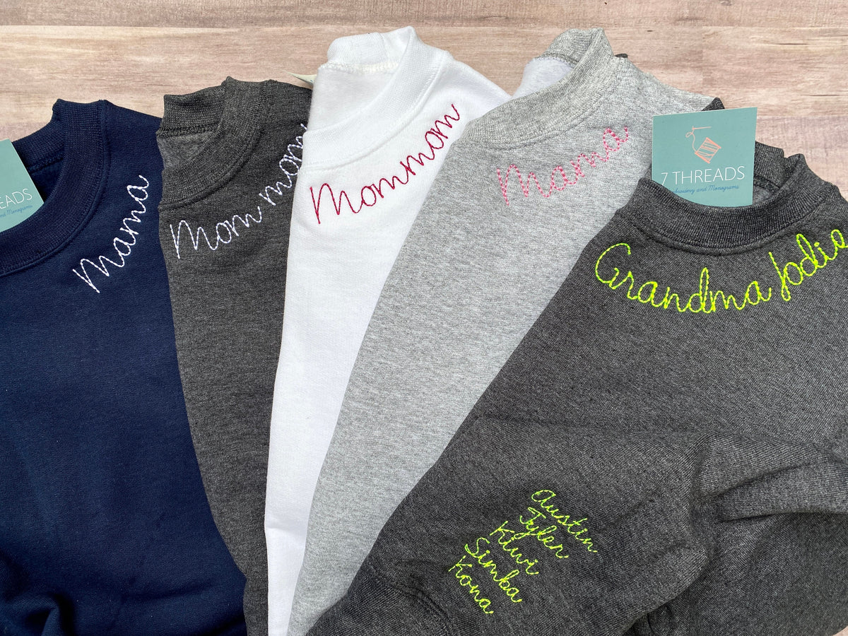 Mama Embroidered Sweatshirt With Custom Name, Chain Stitch Collar Embr – 7  Threads Embroidery