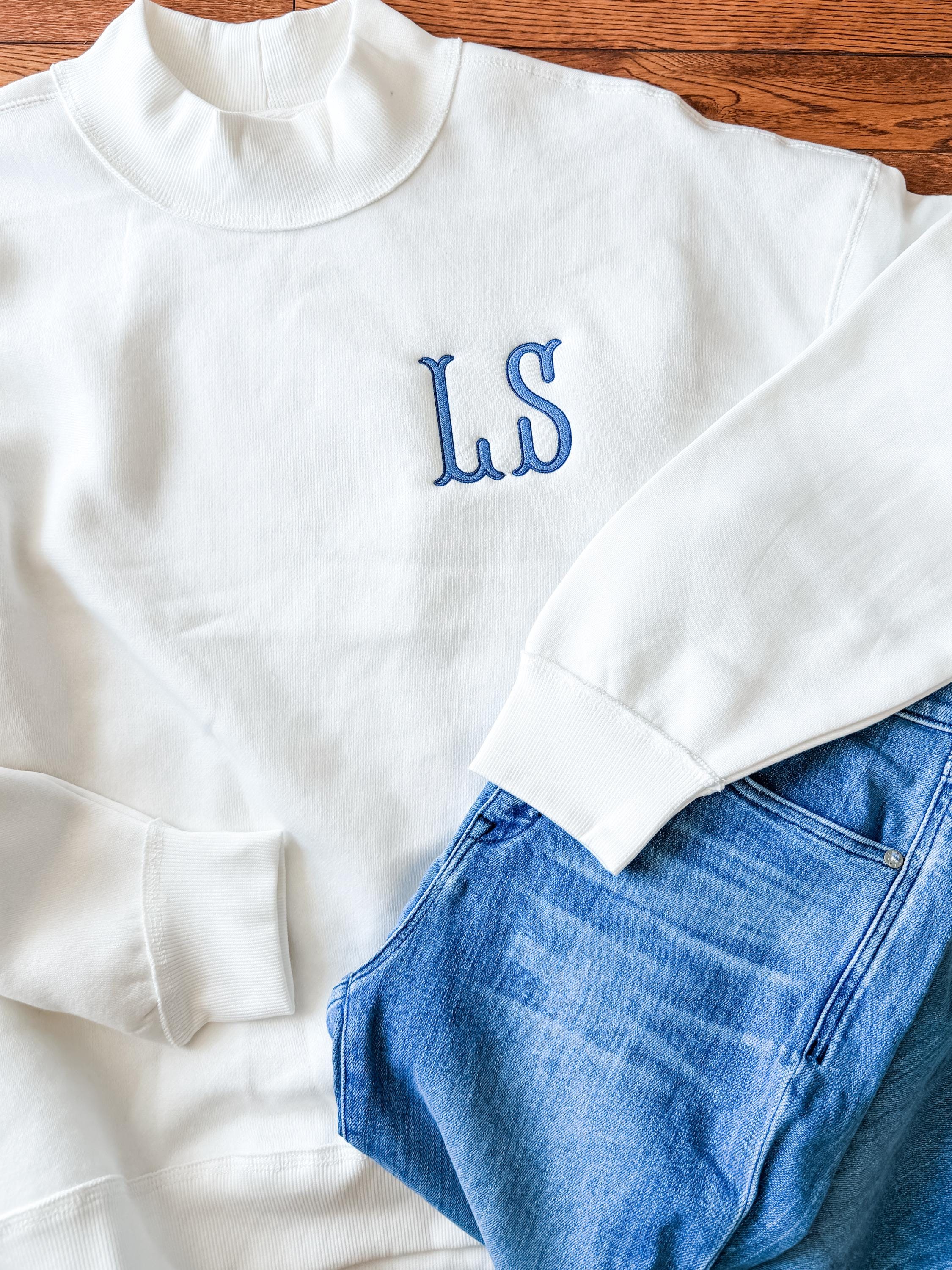 Mock Neck Sweatshirt - Custom Initials, Two Tone Embroidery, Relaxed Fit