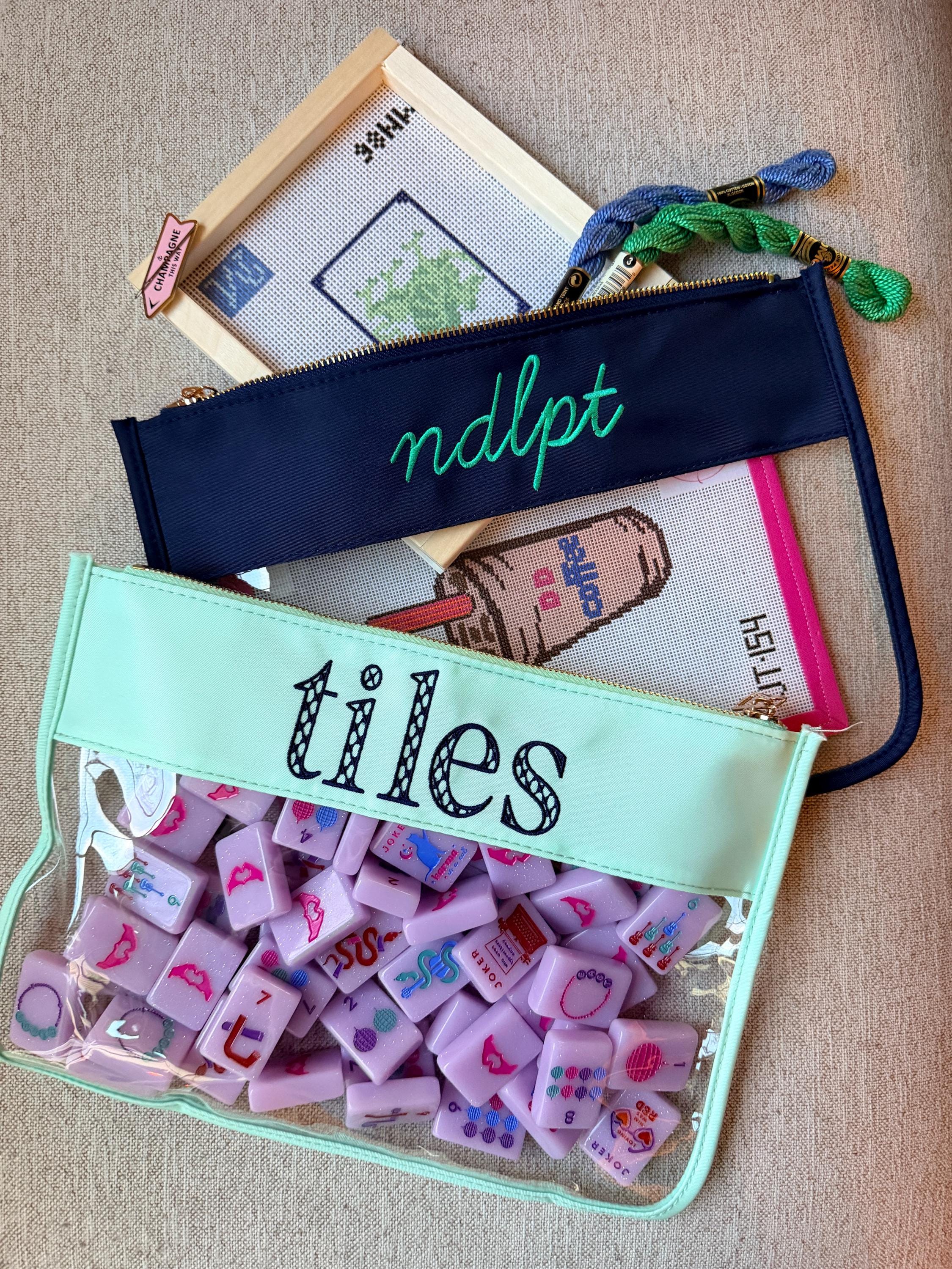 Clear Vinyl Pouch - Personalized Embroidered Project Accessory Bag for Needlepoint & Mahjong