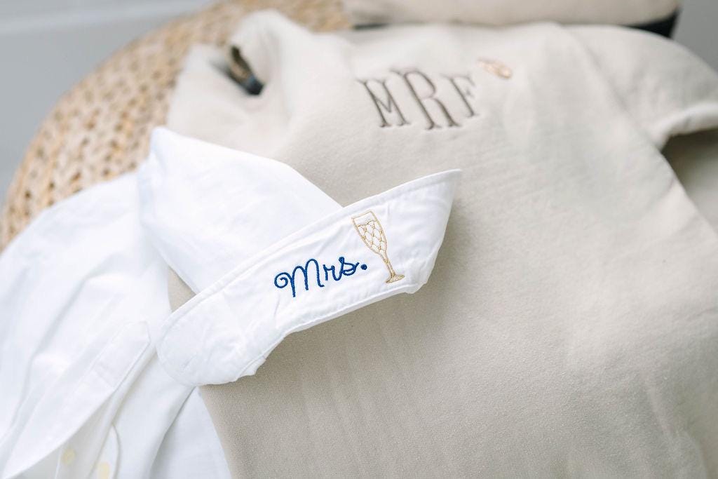 Embroidered Bridal Shirt - Custom Button Down With Personalized Cuff Embroidery