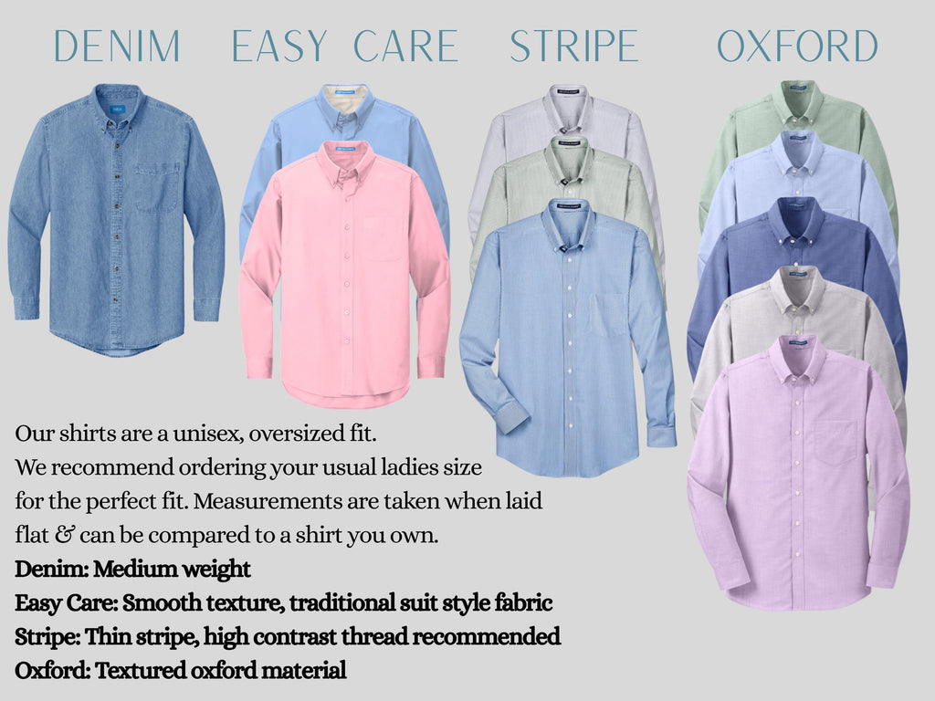 a variety of men's dress shirts in different styles and colors, including denim, easy care, stripe, and Oxford.