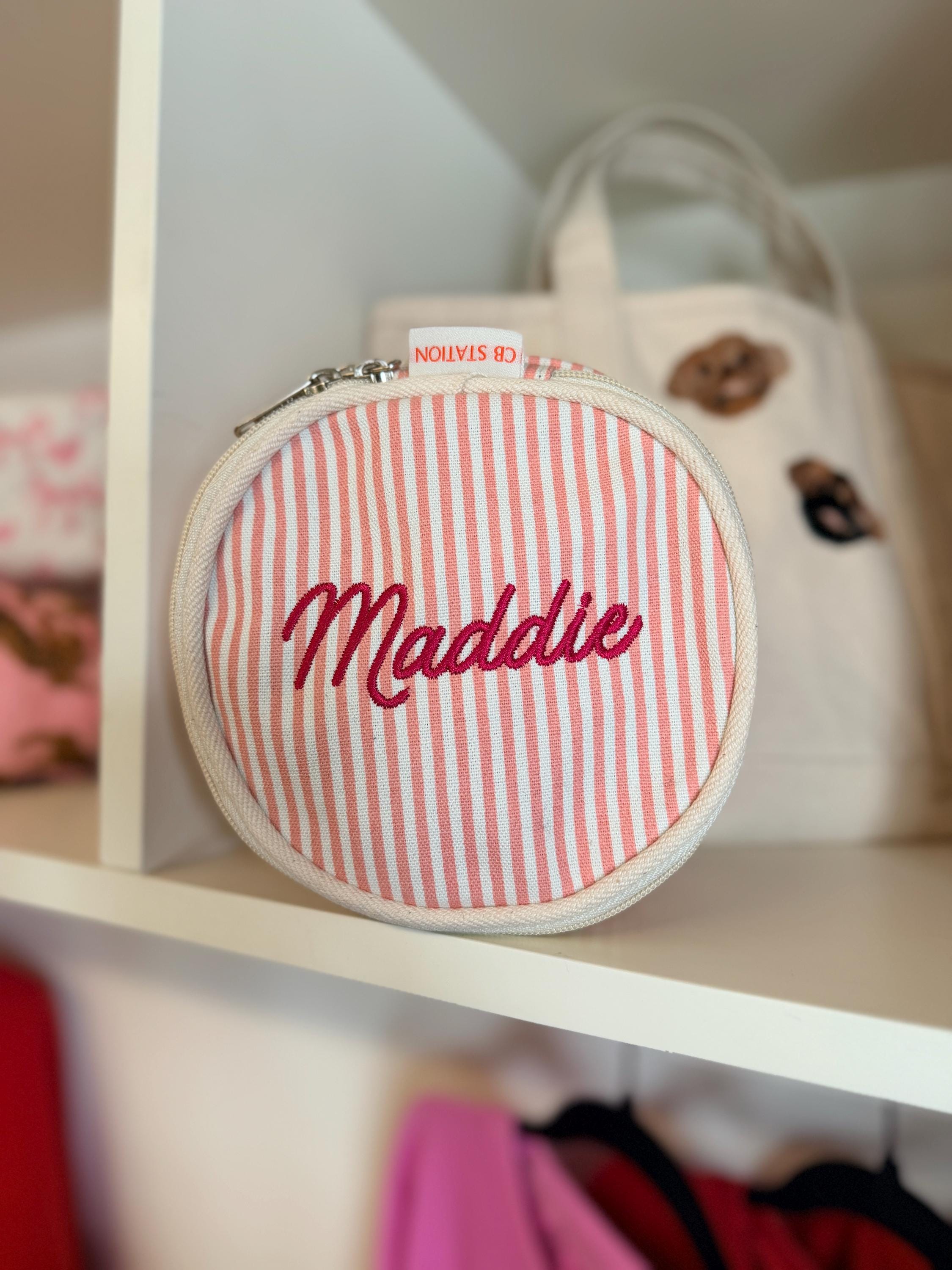 Monogrammed Jewelry Travel Case – Preppy Striped Canvas Organizer | Personalized Initials Pouch