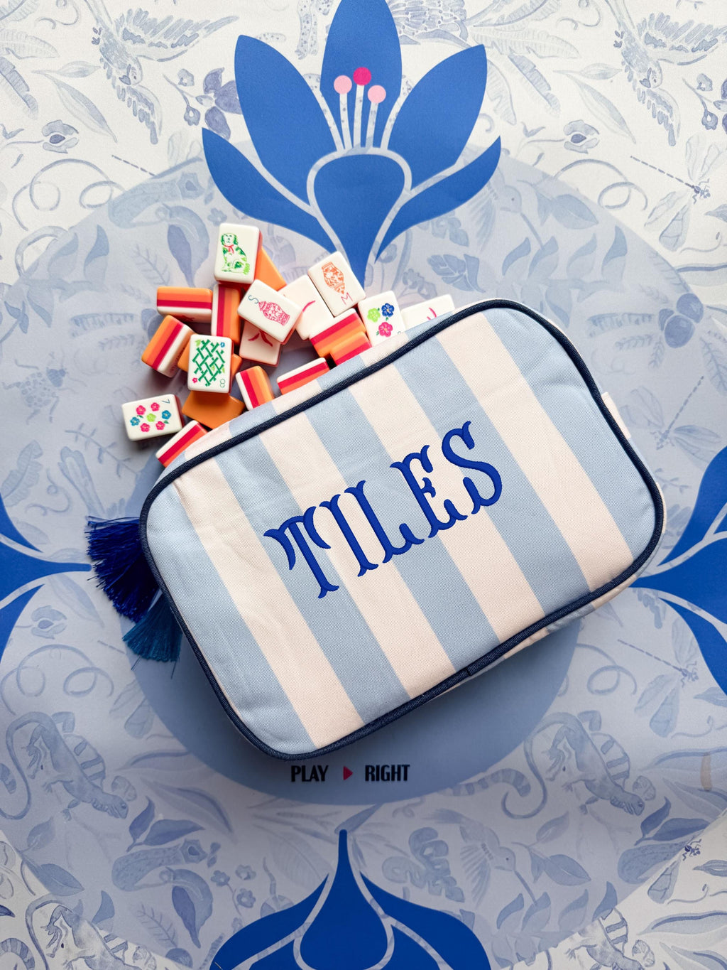 Mahjong Tile Pouch - Preppy Travel Bag With Tassels | Embroidered Pencil Case