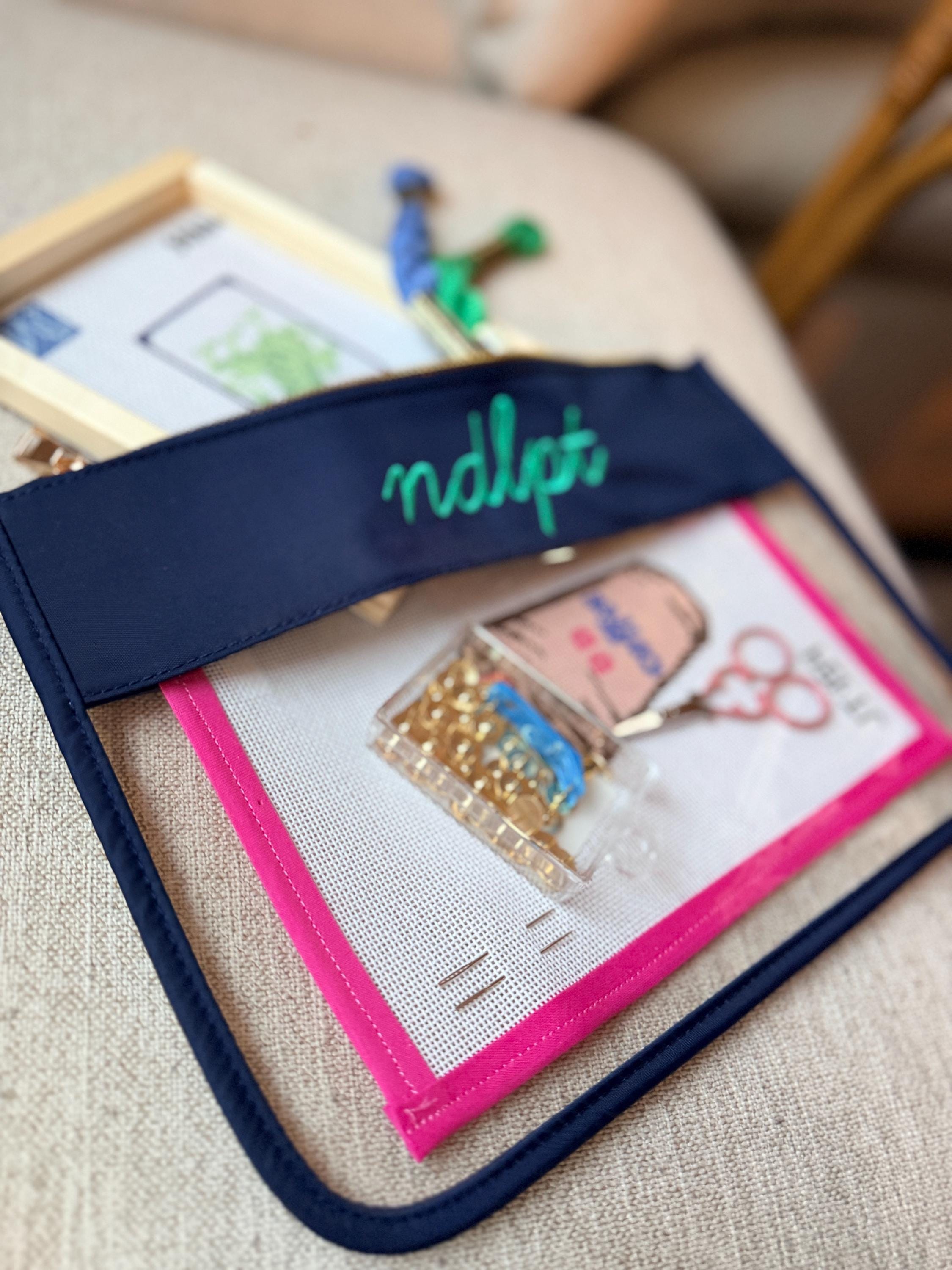 Clear Vinyl Pouch - Personalized Embroidered Project Accessory Bag for Needlepoint & Mahjong