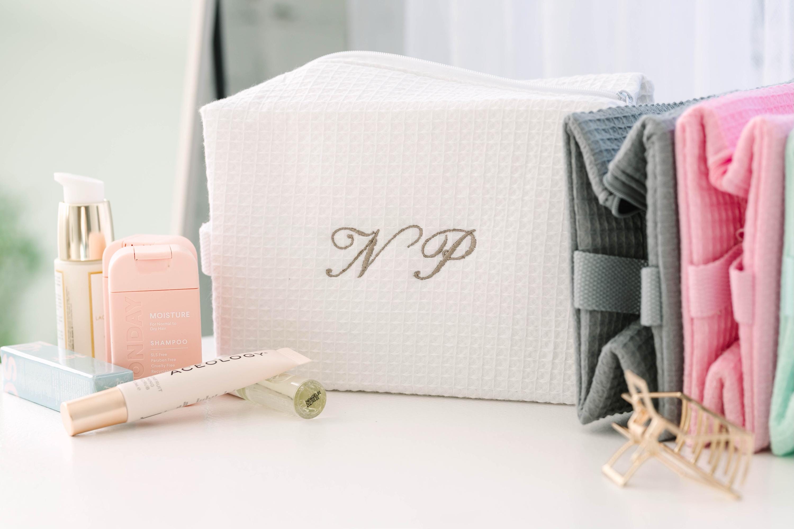Embroidered Makeup Bag – Personalized Spa Pouch | Waffle Weave Cosmetic Case