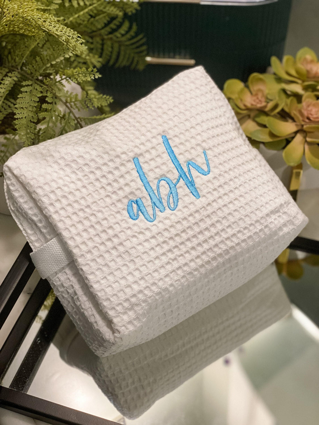 Embroidered Makeup Bag – Personalized Spa Pouch | Waffle Weave Cosmetic Case