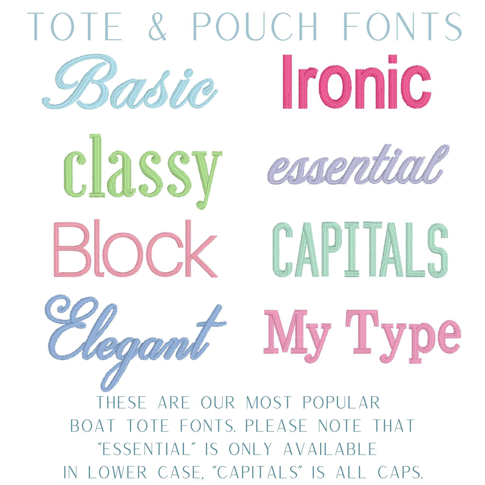 a collection of various tote and pouch font styles, including Basic, Ironic, Classic, Block, Elegant, and capitals. These are the most popular boat tote fonts, and the image includes a note that "essential" is only available in lowercase.