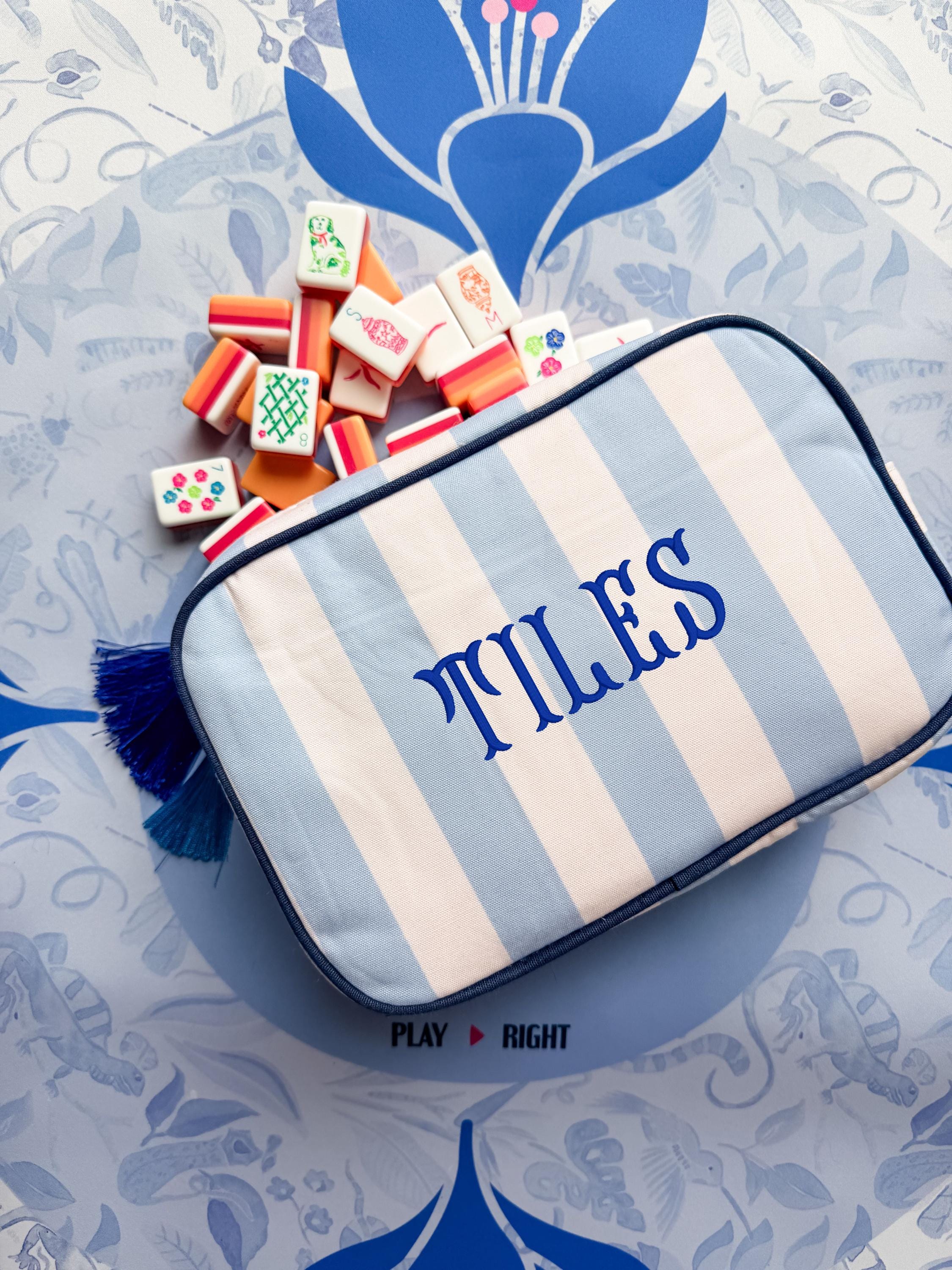 Mahjong Tile Pouch - Preppy Travel Bag With Tassels | Embroidered Pencil Case