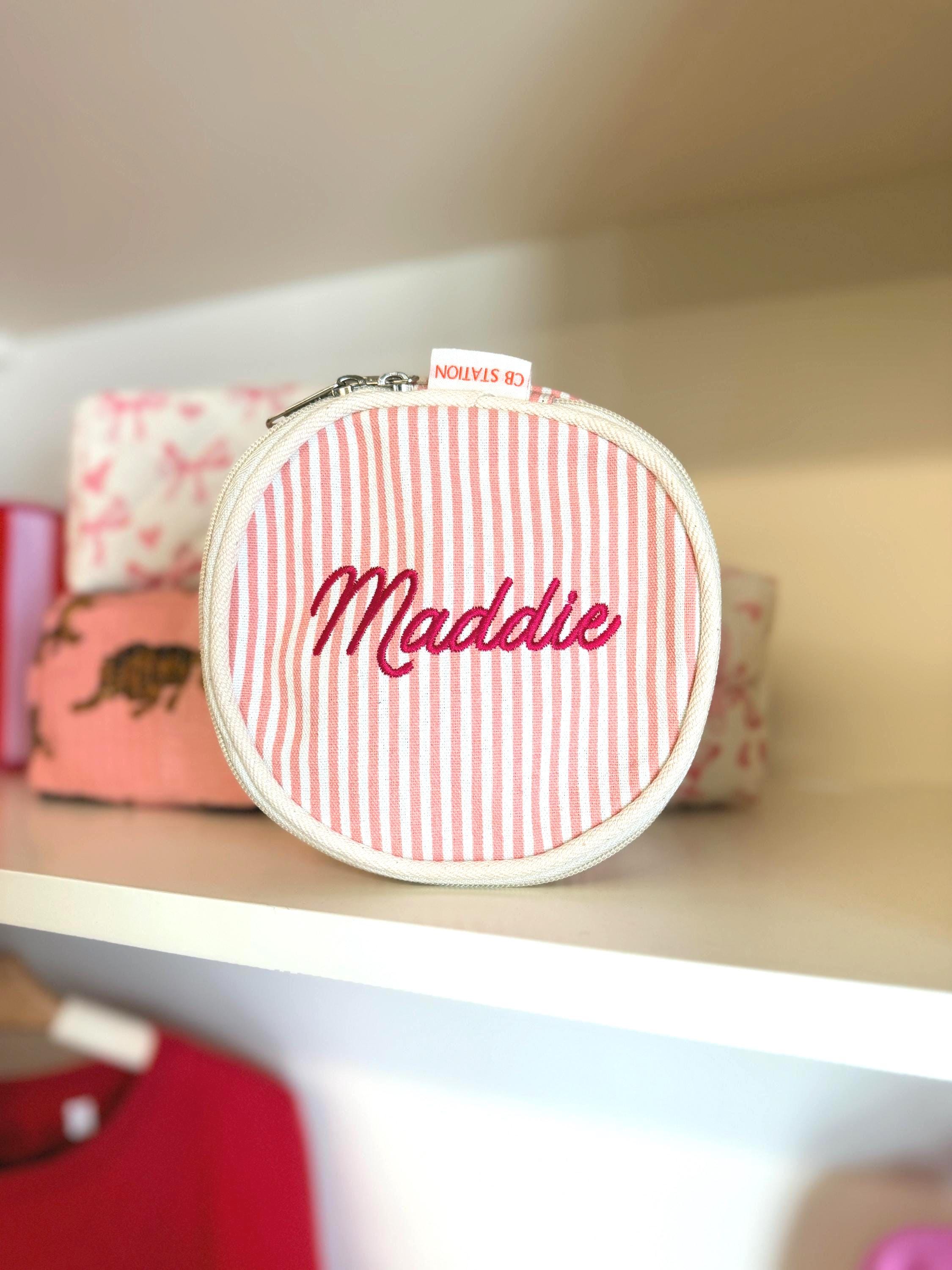 Monogrammed Jewelry Travel Case – Preppy Striped Canvas Organizer | Personalized Initials Pouch