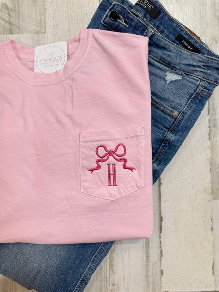 Coquette Pocket Tee, Monogram Bow Comfort Colors Short Sleeved T-Shirt, Darling & Sweet Detail, Romantic Casual Style Embroidered Pocket Tee