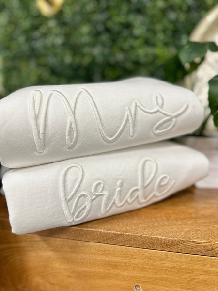 Bride Sweatshirt with Puff Embroidery, Monochromatic Mrs Gift, Custom Brides Crewneck, Personalized Mascot Pullover, 3D Embroidered Shirt