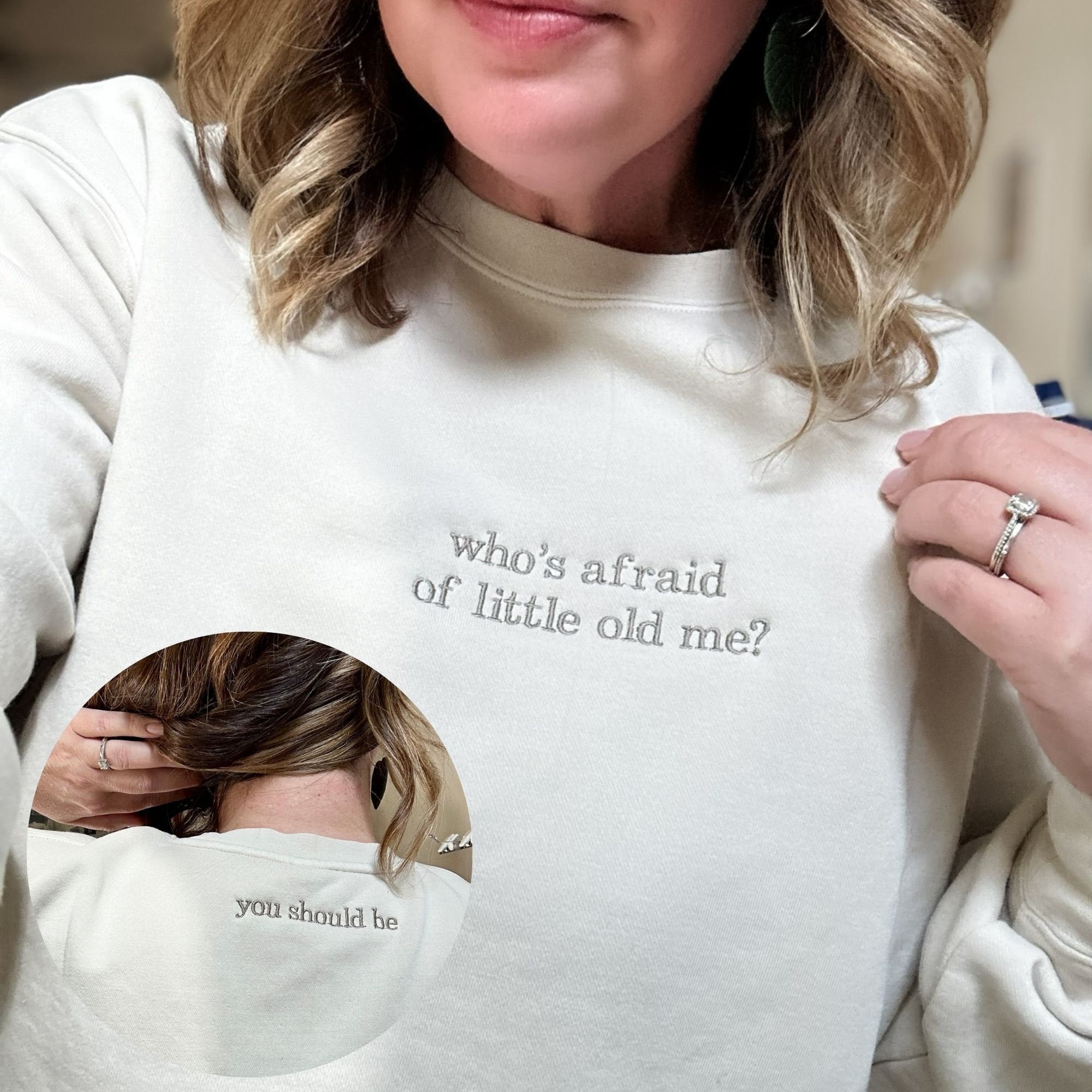 Who's Afraid Of Little Old Me Sweatshirt, Tortured Poet Sweatshirt, Minimalist Song Lyrics Crewneck & Embroidered Sleeve Detail, Comfy Shirt