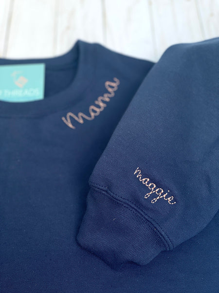 Mama Embroidered Sweatshirt With Custom Name, Chain Stitch Collar Embroidered Personalized Mama Shirt, New Mother Gift Sweatshirt