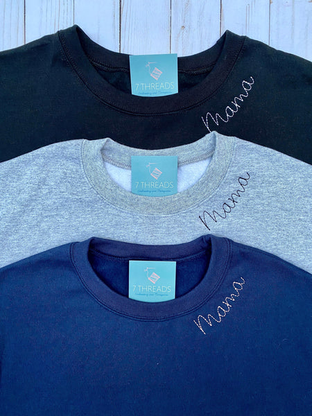 Mama Embroidered Sweatshirt With Custom Name, Chain Stitch Collar Embroidered Personalized Mama Shirt, New Mother Gift Sweatshirt