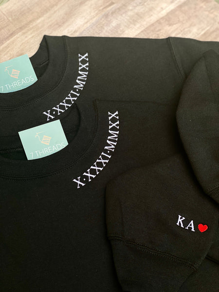 Roman Numerals Custom Embroidered Sweatshirt for Wedding, Anniversary Gift, Bridal Gift, Memorial Gift, Couple’s Crewneck With Dates