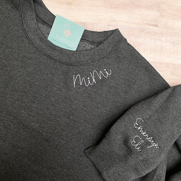 Mothers Day Gift, Embroidered Name Sweatshirt Personalized for Grandma, Nana, Mom, Embroidered Neckline Sweatshirt with Embroidered Cuff