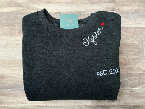 Custom Embroidered Sweatshirt with Last Name, Established, Personalized Neckline Message Crewneck, Gift for New Bride, Wedding, Anniversary