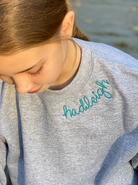 Custom Children's Embroidered Sweatshirt Personalized Neckline Message Crewneck, Holiday Gift for Kids, Personalized Children's Sweatshirt