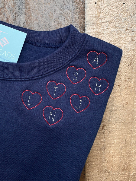Embroidered Hearts Custom Sweatshirt, Personalized Initials, Gift For Grandma, Nana, Mama, Sweethearts Neckline, Valentines Gift for Mom