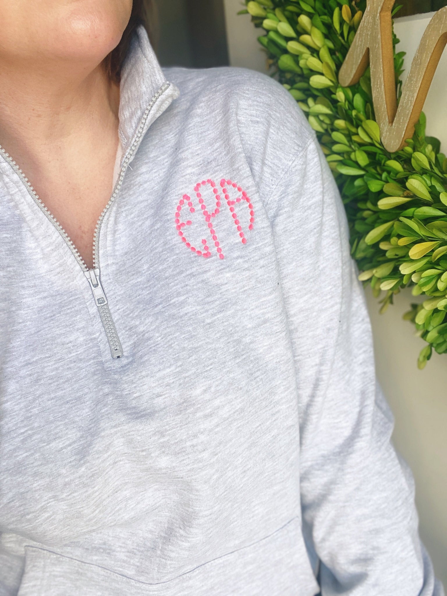 The Liz Monogram Quarter Zip Sweatshirt, Super Soft Personalized Half – 7  Threads Embroidery