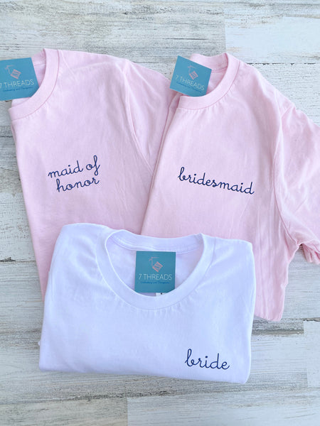 Bridal Party Shirts, Bridesmaid TShirt, Bride To Be Tee, Shirts for Bachelorette Party, Wedding Day Gift, Embroidered Tees With Names