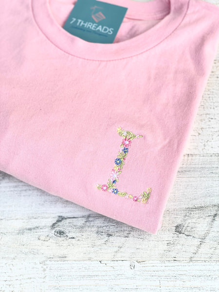 Floral Initial Monogram TShirt, Boho Monogram With Flower, Embroidered Flower TShirt, Bridal Gift, Stitched Flower Shirt, Flower Initial Tee