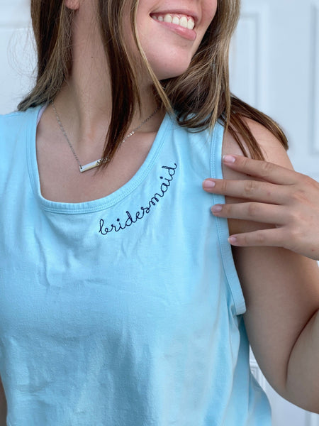 Embroidered Collar Custom Tank, Unisex Fit Tank With Custom Neckline Embroidery, Custom Bridal Party Tanks, Bride Tank Top, Preppy Tank