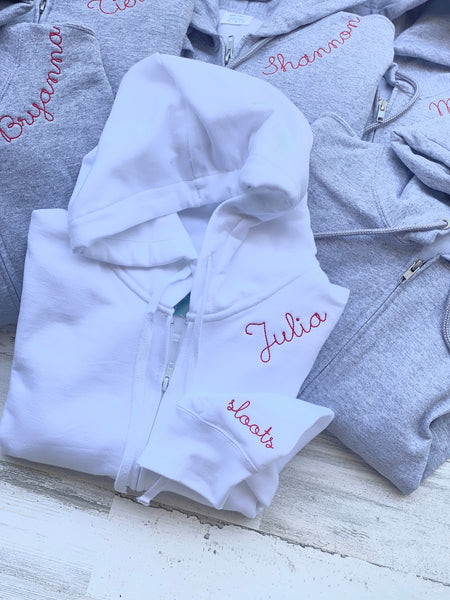 The Jane Custom Zip Up Hoodie With Embroidered Cuff, Embroidered Zip Up Sweatshirt, Wedding Day Getting Ready Outfit, Embroidered Neckline Sweatshirt