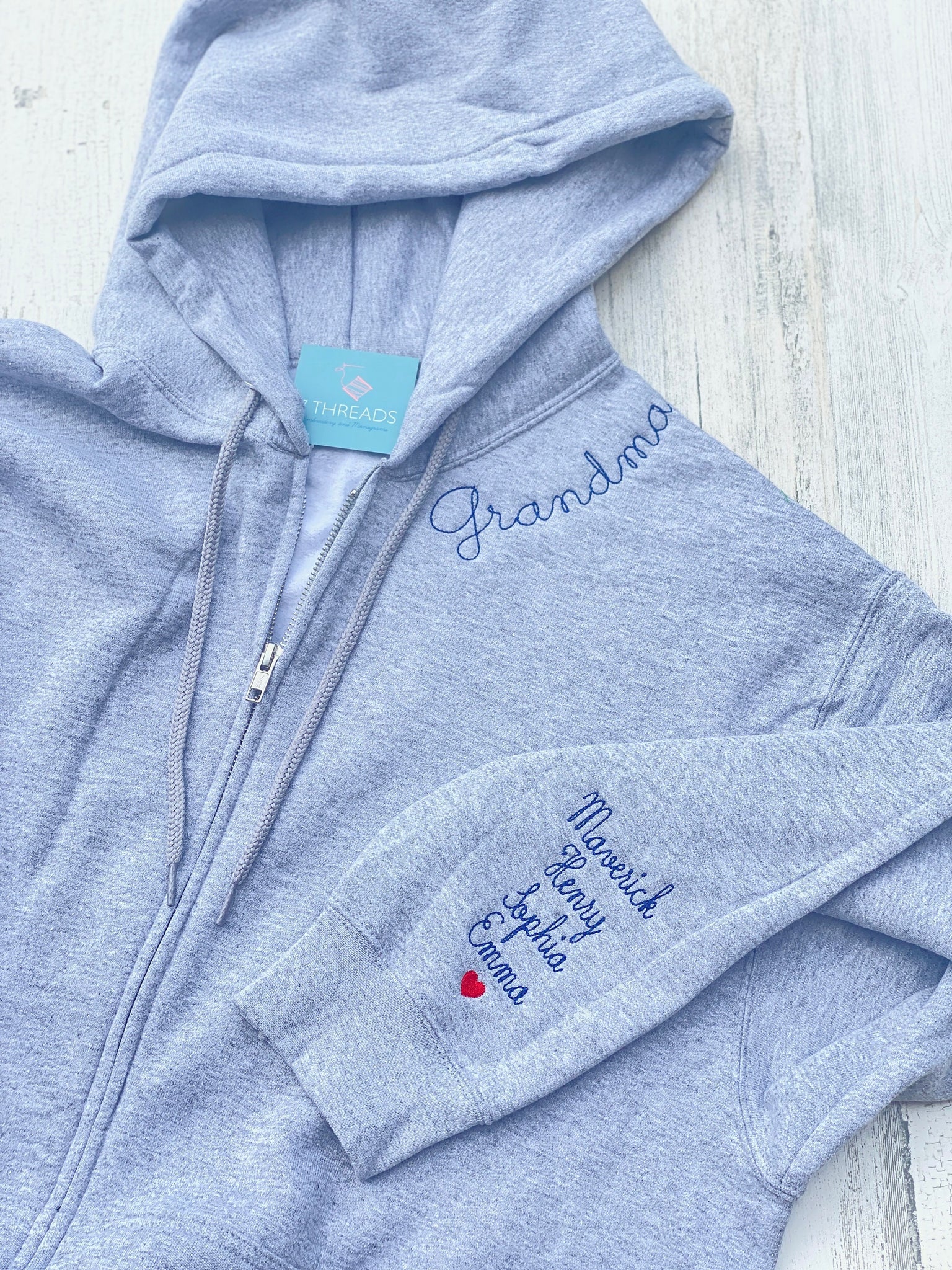 The Jane Custom Zip Up Hoodie With Embroidered Cuff, Embroidered Zip Up Sweatshirt, Wedding Day Getting Ready Outfit, Embroidered Neckline Sweatshirt