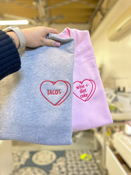 Candy Heart Sweatshirt, Personalized Valentines Sweatshirt, Custom Embroidery, Funny Message Sweatshirt, Sweatshirt with Hearts, VDay Gift