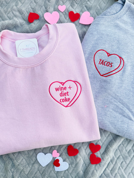 Candy Heart Sweatshirt, Personalized Valentines Sweatshirt, Custom Embroidery, Funny Message Sweatshirt, Sweatshirt with Hearts, VDay Gift